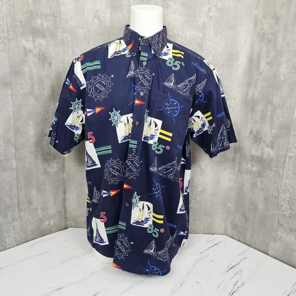 Vintage 90s‎ Keeler Bay Mens 1XLT Tall Nautical Sailing Boating Button Front S/S